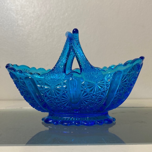 Daisy & Button Colonial Blue by Fenton, Glass Basket, Split Handle - Picture 3 of 16